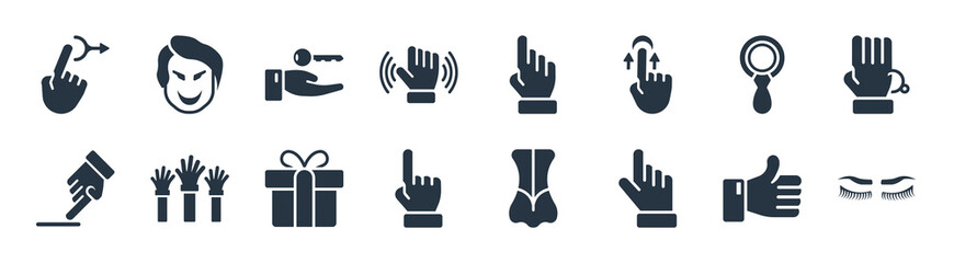 gestures filled icons. glyph vector icons such as eyelash, hand pointer, dubious, smudge, look up, hanging over the key, finger up, joker face sign isolated on white background.