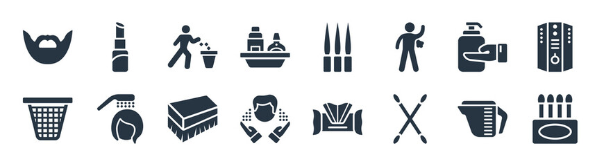 hygiene filled icons. glyph vector icons such as ear buds, cotton swab, face washer, laundry basket, epliator, throw, toothpick, lip balm sign isolated on white background.