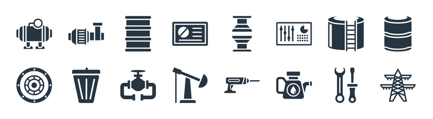 industry filled icons. glyph vector icons such as power line, oiler, oilfield, industrial tread, storage tank, barrel, press, pump sign isolated on white background.