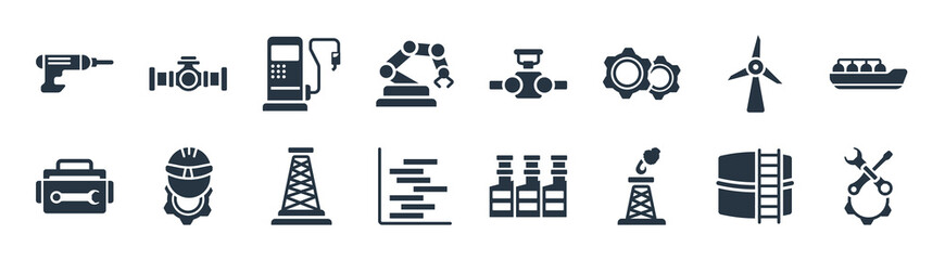 industry filled icons. glyph vector icons such as maintenance, fossil fuels, gantt, tool box, windmill, fuel, valve, petrol pipe sign isolated on white background.