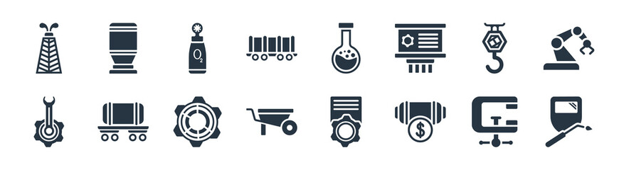 industry filled icons. glyph vector icons such as welding, currency, pushcart, mechanism, hook crane, oxygen, chemicals, tanks sign isolated on white background.