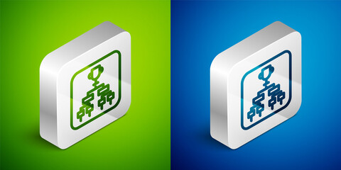 Isometric line Results and standing tables scoreboard championship tournament bracket icon isolated on green and blue background. Silver square button. Vector