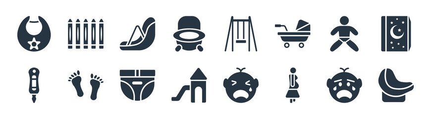 kid and baby filled icons. glyph vector icons such as seat, pregnancy, playhouse, pregnancy test, baby, baby car seat, swings, crayons sign isolated on white background.