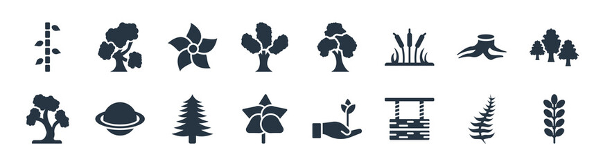 nature filled icons. glyph vector icons such as briar leaf, wood board, orange leaf, pine tree, deforestation, jasmine, pin cherry tree, bitternut hickory tree sign isolated on white background.
