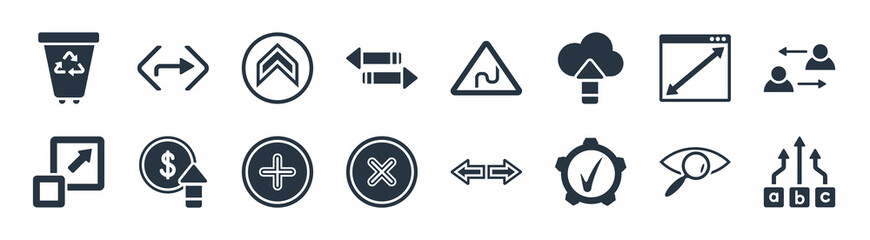 user interface filled icons. glyph vector icons such as abc item chart, right settings, round delete button, expand tool, display size, top button, curvy road warning, right turn sign isolated on