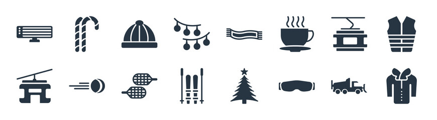 winter filled icons. glyph vector icons such as coat, snow goggle, ski equiptment, cable car cabin, ski lift, winter cap, winter scarf, candy cane sign isolated on white background.