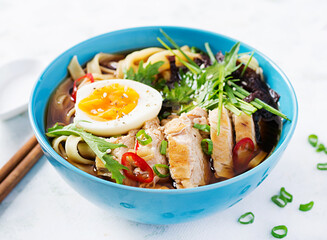 Miso soup. Japanese ramen soup with chicken, egg, nori and nipposinica on light background.
