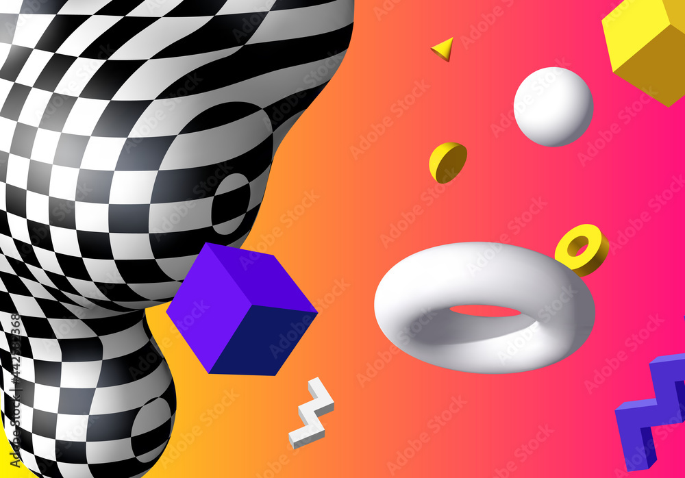Aufkleber Abstract background with flying colorful 3D geometric shapes over vibrant gradient backdrop. Lush and bold colored abstraction with checkered shape in 90s style.