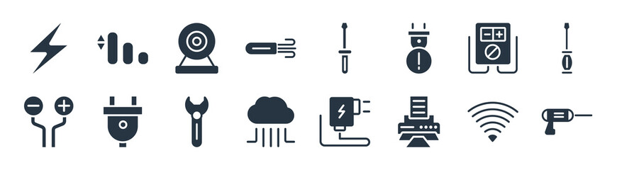 electrian connections filled icons. glyph vector icons such as driller, print, cloud, wires, voltmeter, web camera, screwdriver, medium sign isolated on white background.