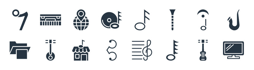 music and media filled icons. glyph vector icons such as television screen off, hemidemisemiquaver, alto clef, image archive, fermata, globe with pointer, semiquaver, synthesizer sign isolated on