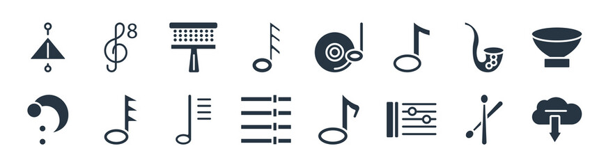 music and media filled icons. glyph vector icons such as downloaded music cloud, repeat, dotted barline, octave clef, saxophone, cabasa, cd, octave sign isolated on white background.