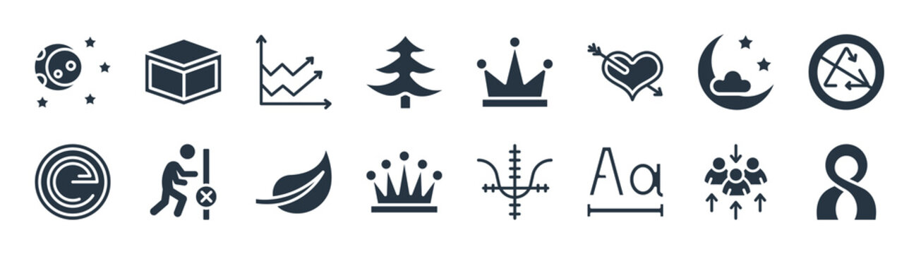 shapes filled icons. glyph vector icons such as , letter glow effect, royalty, net contents, clear night, multiple line, prince crown, blank cube sign isolated on white