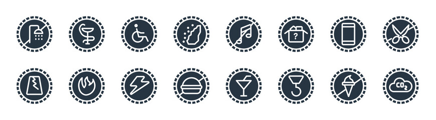 signs filled icons. glyph vector icons such as co2, hoist, no food, road collapse, smarthphone, disability, no music, pharmacy sign isolated on white background.