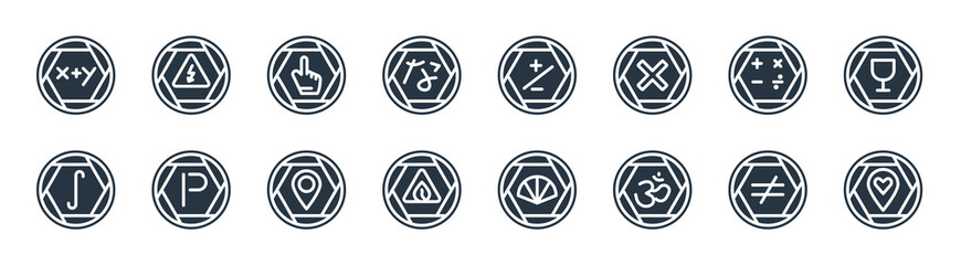 signs filled icons. glyph vector icons such as love pointer, pranava om, fire triangular, integral, mathematics, thumb up filled gesture, mathematical basic, arrow bolt sign isolated on white