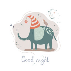 Naklejka premium Poster with cute sleeping elephant. Hand drawn vector illustration with lettering in simple scandinavian style. Good night. Ideal kids design, for fabric, textile, baby book, decorating baby nursery.