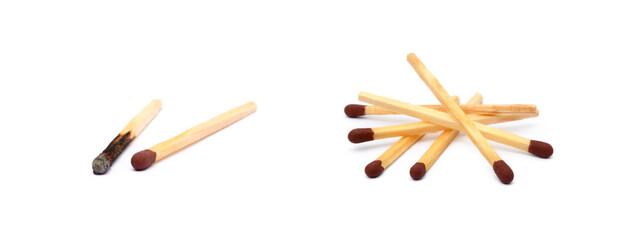 Laid used matchsticks isolated on white background