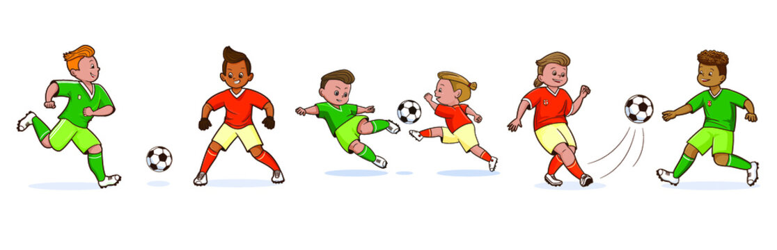Set of isolated images Teenage soccer players kicking a soccer ball. Vector illustration in flat cartoon comic style