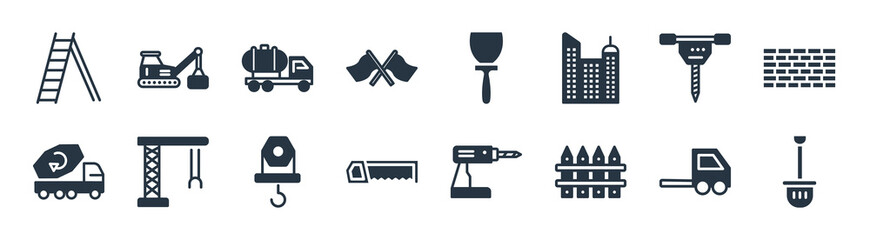 construction filled icons. glyph vector icons such as big shovel, garden fence, hacksaw, concrete, pickaxes drilling, tank truck, scraper, derrick with box sign isolated on white background.