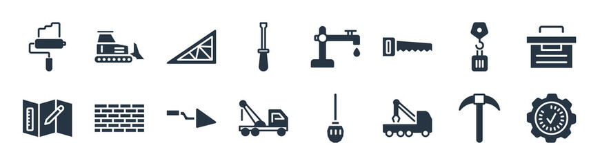 construction filled icons. glyph vector icons such as progress, crane truck, tow truck, measures plan, derrick with load, joist, adjustment system, backhoes sign isolated on white background.