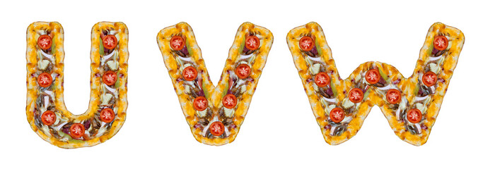 The letters U, V, W are made of pizza