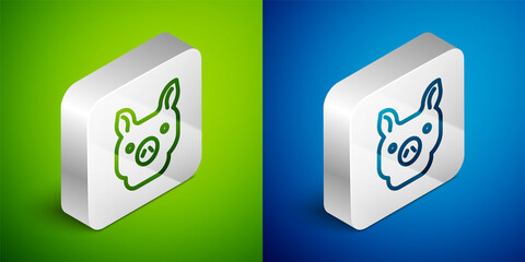 Isometric line Pig icon isolated on green and blue background. Animal symbol. Silver square button. Vector