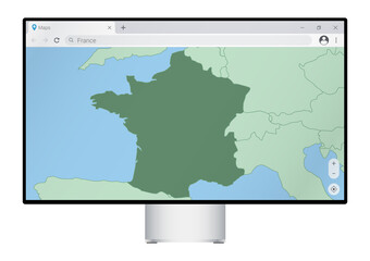 Computer monitor with map of France in browser, search for the country of France on the web mapping program.