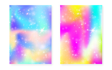 Fototapeta na wymiar Magic background with princess rainbow gradient. Kawaii unicorn hologram.