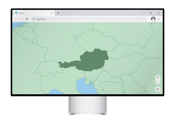 Computer monitor with map of Austria in browser, search for the country of Austria on the web mapping program.