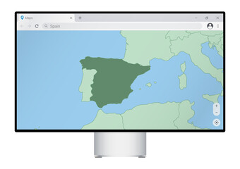 Computer monitor with map of Spain in browser, search for the country of Spain on the web mapping program.