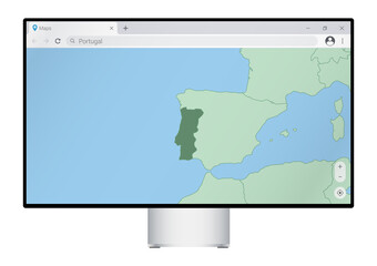 Computer monitor with map of Portugal in browser, search for the country of Portugal on the web mapping program.