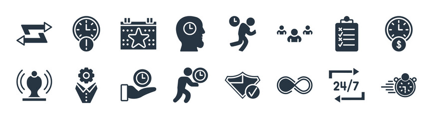 time management filled icons. glyph vector icons such as rush, infinite, time pressure, reminder, tasks, event, hurry, out of time sign isolated on white background.