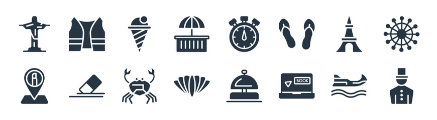 travel filled icons. glyph vector icons such as bellhop, online booking, shell, landmark, eiffel tower, icecream, null, lifejacket sign isolated on white background.