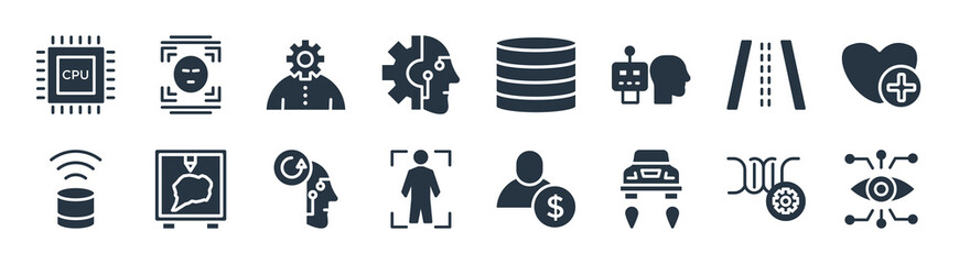 artificial intellegence filled icons. glyph vector icons such as bionic eye, hover transport, body scan, assistant, road, business, database, face recognition sign isolated on white background.