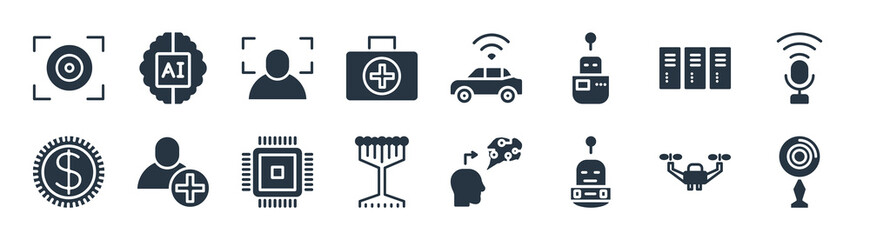 artificial intellegence filled icons. glyph vector icons such as ar camera, microbots, technology tree, coins, servers, recognition, driverless autonomous car, ai brain sign isolated on white