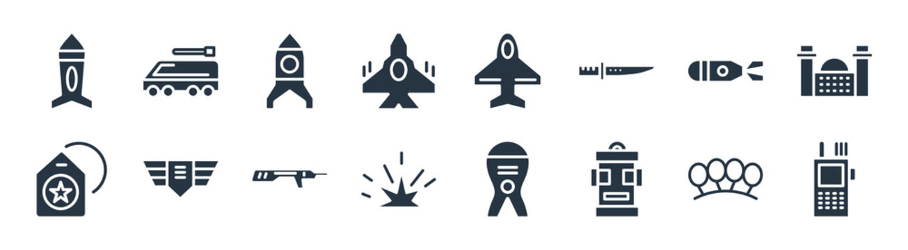 army and war filled icons. glyph vector icons such as two way radio, army backpack, explosion, dog tag, torpedo, airplane bomb, air force, armo vehicle sign isolated on white background.