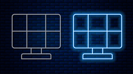 Glowing neon line Solar energy panel icon isolated on brick wall background. Vector