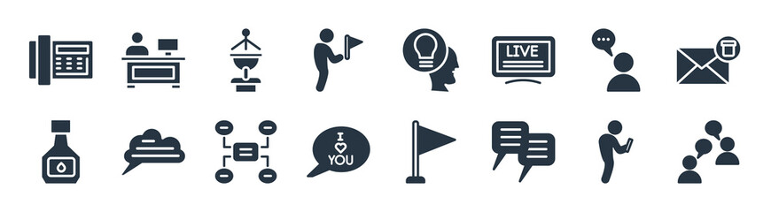 communications filled icons. glyph vector icons such as talk, chat message, i love you, ink bottle, swearing, broadcasting, theory, news anchor sign isolated on white background.