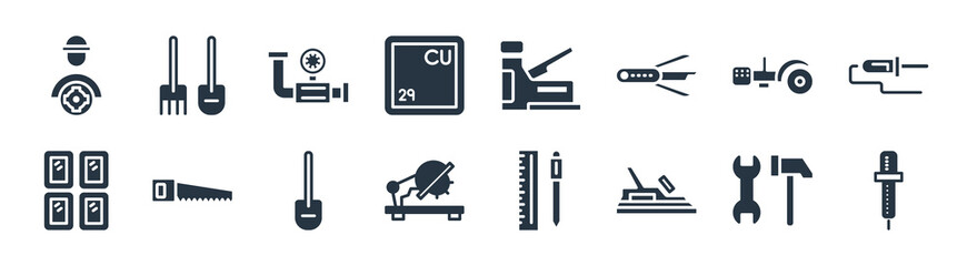construction and tools filled icons. glyph vector icons such as iron soldering, planer, chop saw, glass wall, metal saw, relief valve, staple gun, shovel and fork sign isolated on white background.