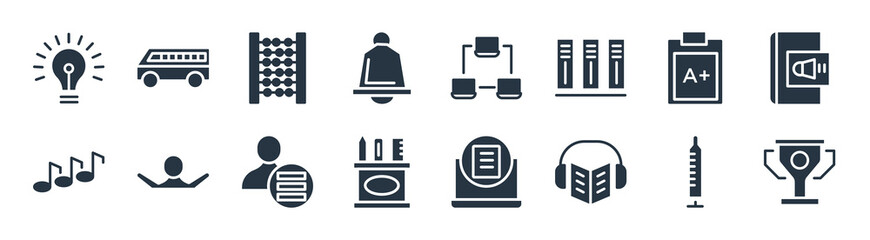 education filled icons. glyph vector icons such as big trophy, audiobook, school supplies, musical note, clipboard with a+, abacus, computer and network, school bus sign isolated on white
