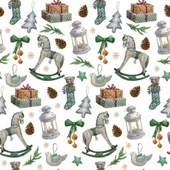 Pattern with Vintage Christmas ornaments, toy and decoration. Watercolor Illustrations of Christmas hand made toys, rocking horse, nutcracker, cacao cup, snowman, Christmas ball, gingerbread, cinnamon