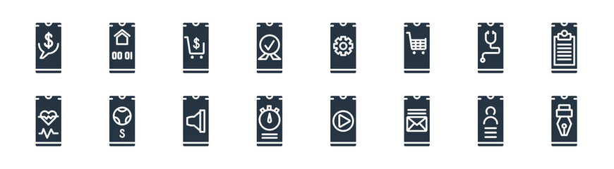 mobile app filled icons. glyph vector icons such as edit tool, messages, stop watch, health, medical app, purchase, applications, homepage sign isolated on white background.
