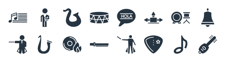 music filled icons. glyph vector icons such as shamisen, mp3 player with headphones, broadcast microphone, orchestra director with stick, drummer set, musical sixteenth note, spanish, hotel