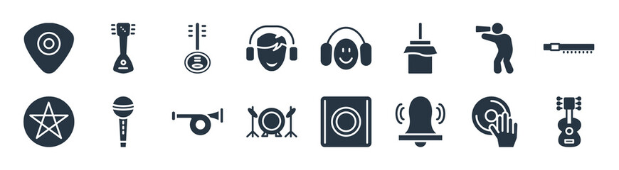 music filled icons. glyph vector icons such as vynil, alarming bell, drums, pentagram, pied piper of hamelin, yueqin, phantom, russian sign isolated on white background.