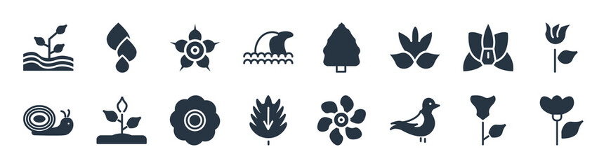 nature filled icons. glyph vector icons such as iris, bird, oak, snail, orchid, petunia, cedar, water drop sign isolated on white background.