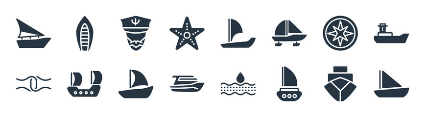 nautical filled icons. glyph vector icons such as skiff, capsizing, motorboat, rope tied, azimuth compass, ship admiral, windsail, port and starboard sign isolated on white background.