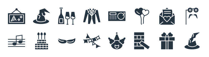 party filled icons. glyph vector icons such as wizard hat on head, jenga, party flags, big quaver, open envelope with heart letter, bottle and two glasses, dj playing records, wizard hat sign