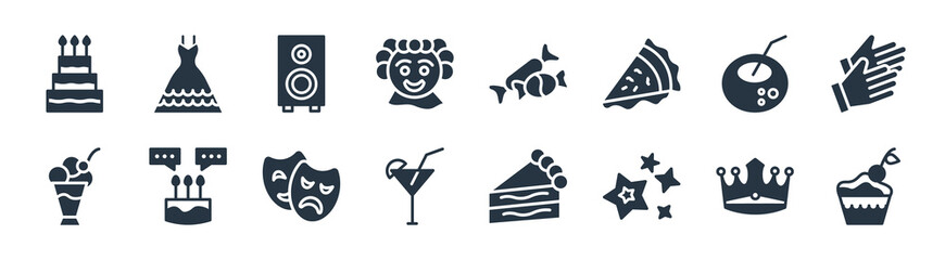 party filled icons. glyph vector icons such as cupcake with big cherry, sprinkle stars, martini glass with olive, big ice cream bowl, bowl with straw, big speaker, two candies, party dress sign