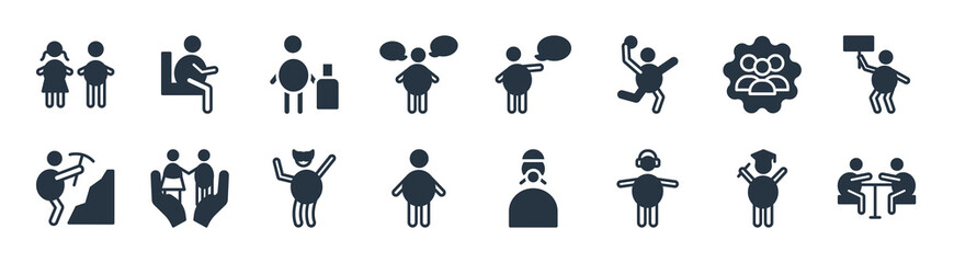 people filled icons. glyph vector icons such as group meeting, with safety headphone, businessmen, menhir, trade mark, luggage, speech balloon, seating sign isolated on white background.