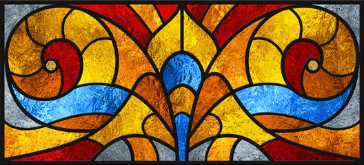 Store enrouleur tamisant sans perçage Coloré Sketch of a colored stained glass window. Art Nouveau. Abstract stained-glass background. Bright colors, colorful. Modern. Architectural decor. Design luxury interior. Light. Red yellow, blue. 
