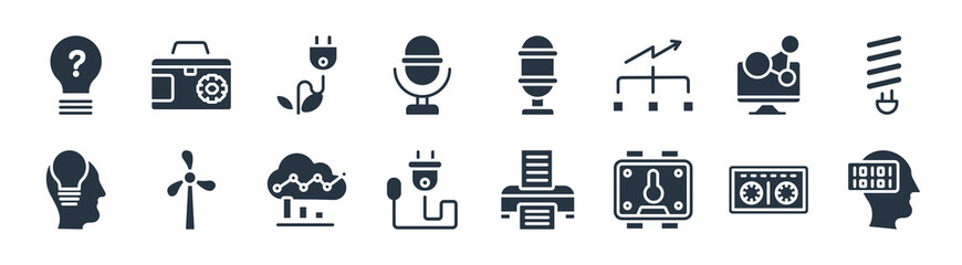 technology filled icons. glyph vector icons such as binary mind, robot vacuum, plug with circular cable, ideas, conection, ecologic electricity, retro microphone, customize sign isolated on white